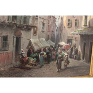 EUGENIO AMUS (BRESCIA 1834- BORDEAUX 1899), HUILE SUR TOILE "SCèNE DE MARCHè", XIX SIECLE.