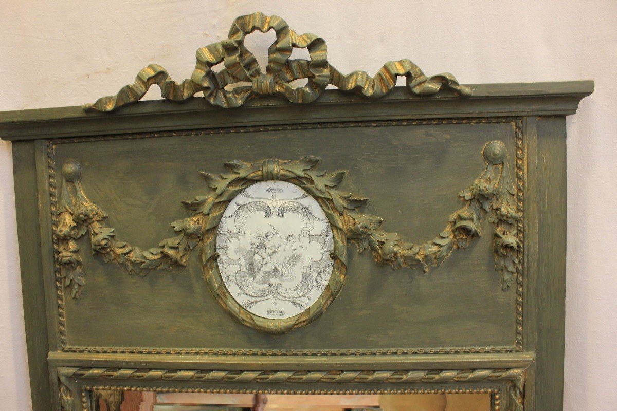 Patinated Louis XVI Style Trumeau, Beveled Mirror 74 X 135 Cm-photo-2