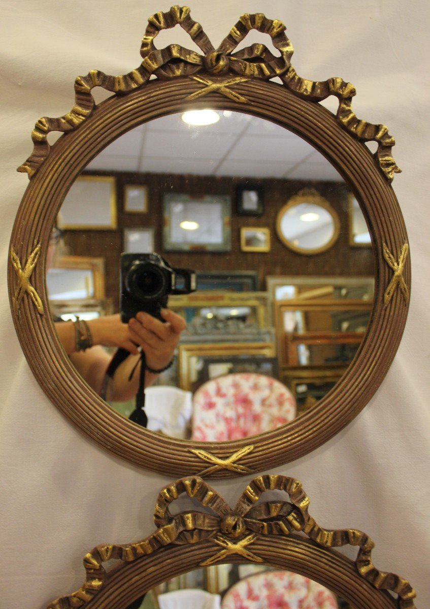 Pair Of Round Mirrors Node And Braces Louis XVI, Patina And Gold Leaf 35 X 40 Cm-photo-3