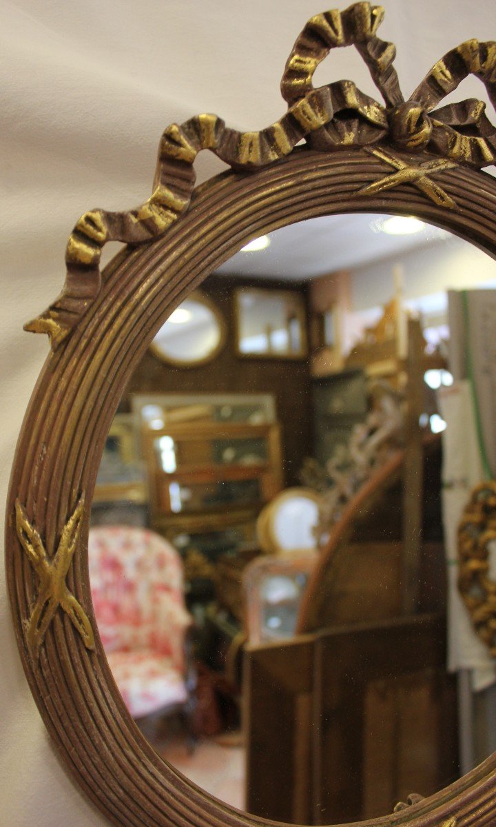 Pair Of Round Mirrors Node And Braces Louis XVI, Patina And Gold Leaf 35 X 40 Cm-photo-1