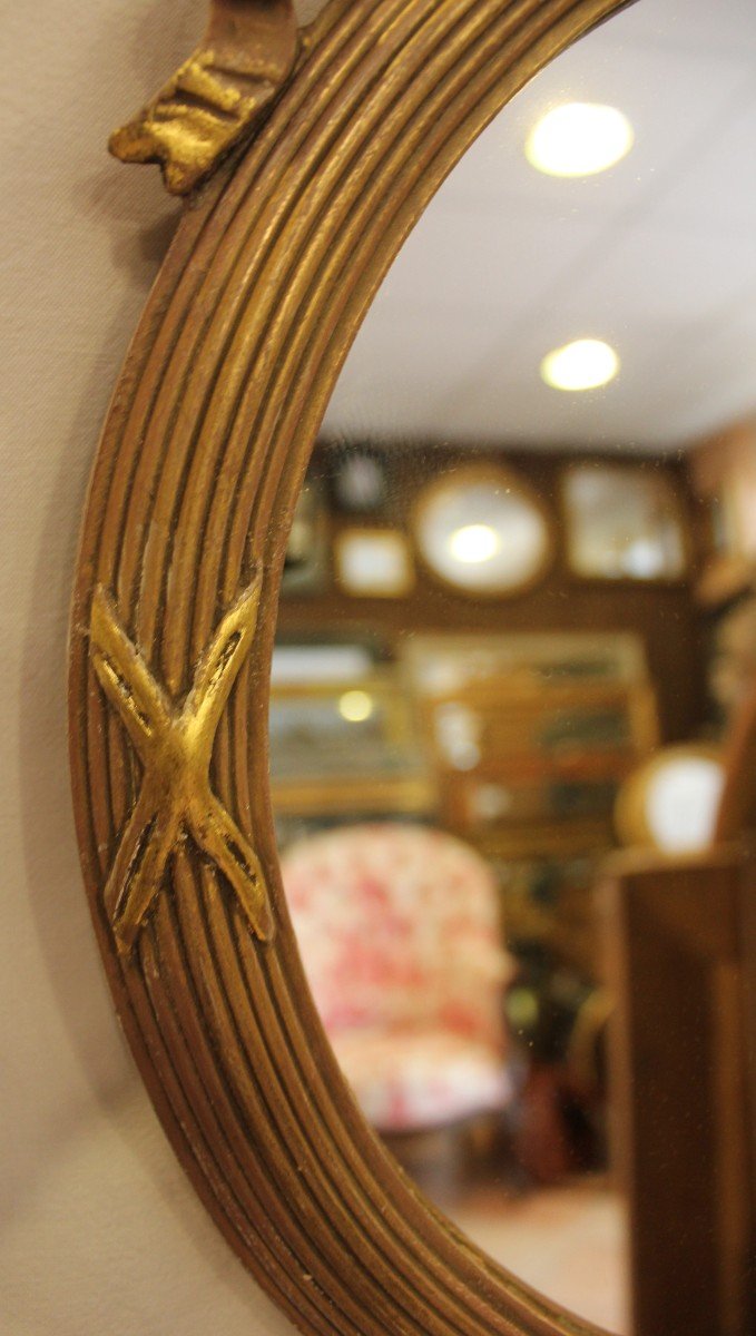 Pair Of Round Mirrors Node And Braces Louis XVI, Patina And Gold Leaf 35 X 40 Cm-photo-4