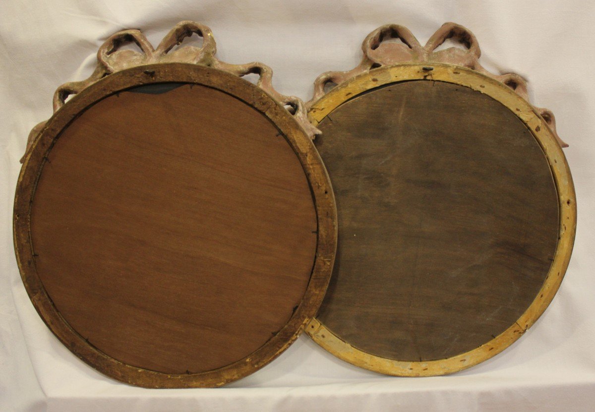 Pair Of Round Mirrors Node And Braces Louis XVI, Patina And Gold Leaf 35 X 40 Cm-photo-8
