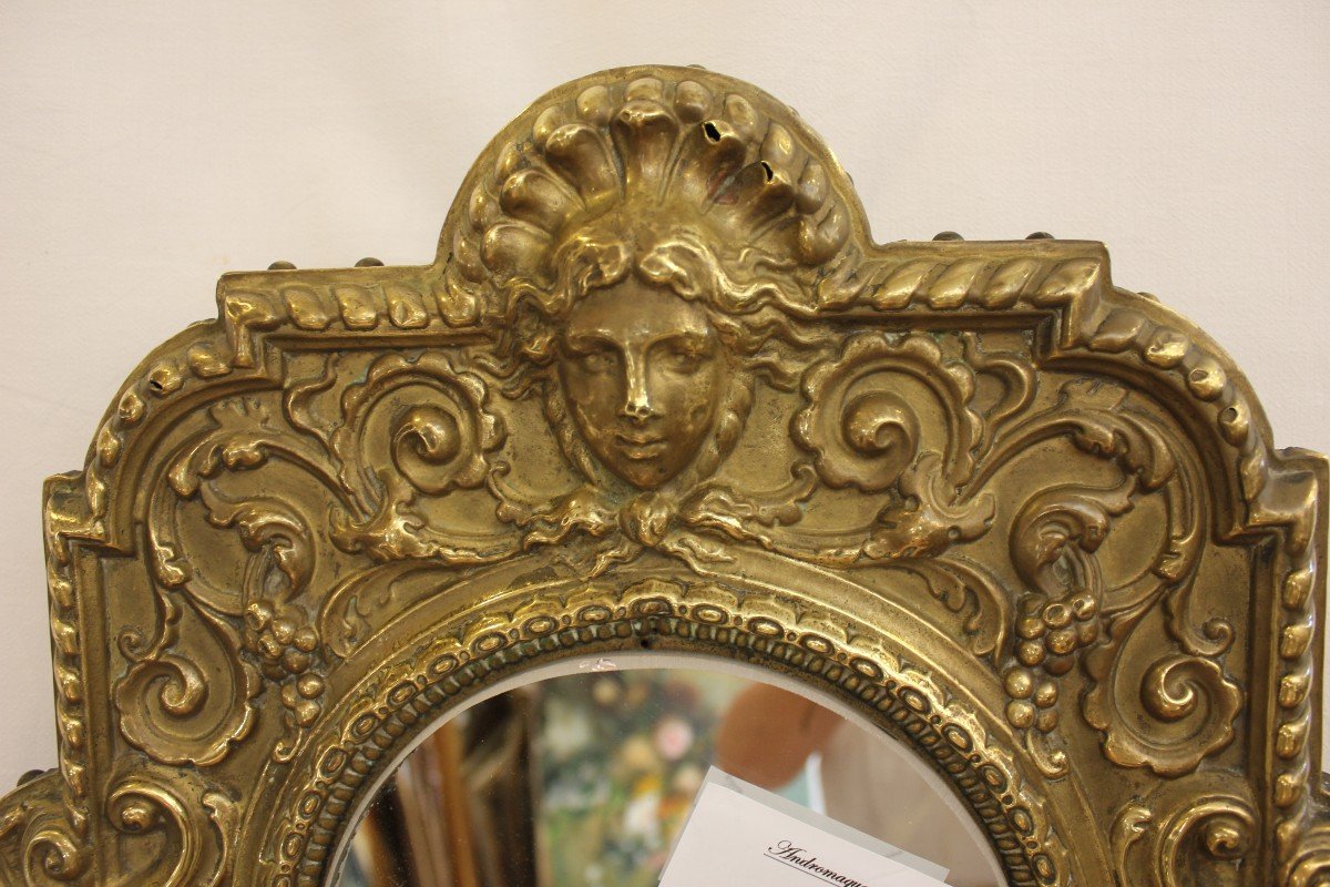 Miroir Ancien Rond, Métal Repoussé , Mercure, Allégorie Au Roi Soleil, Dauphins, 45 X 50 Cm-photo-2