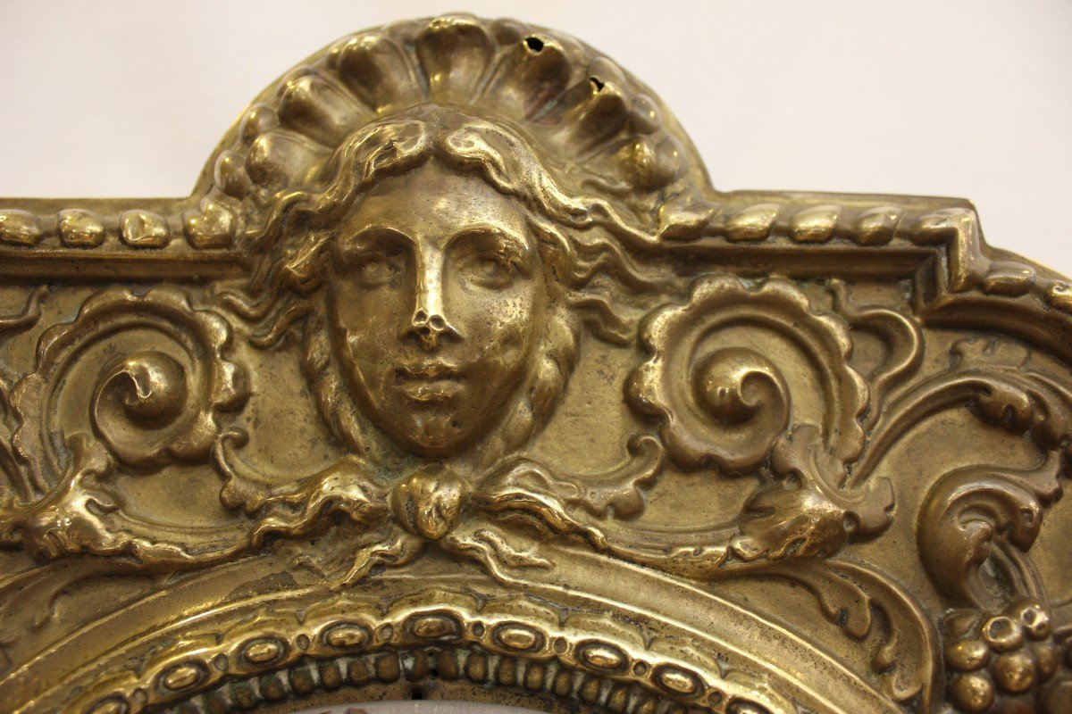Miroir Ancien Rond, Métal Repoussé , Mercure, Allégorie Au Roi Soleil, Dauphins, 45 X 50 Cm-photo-1