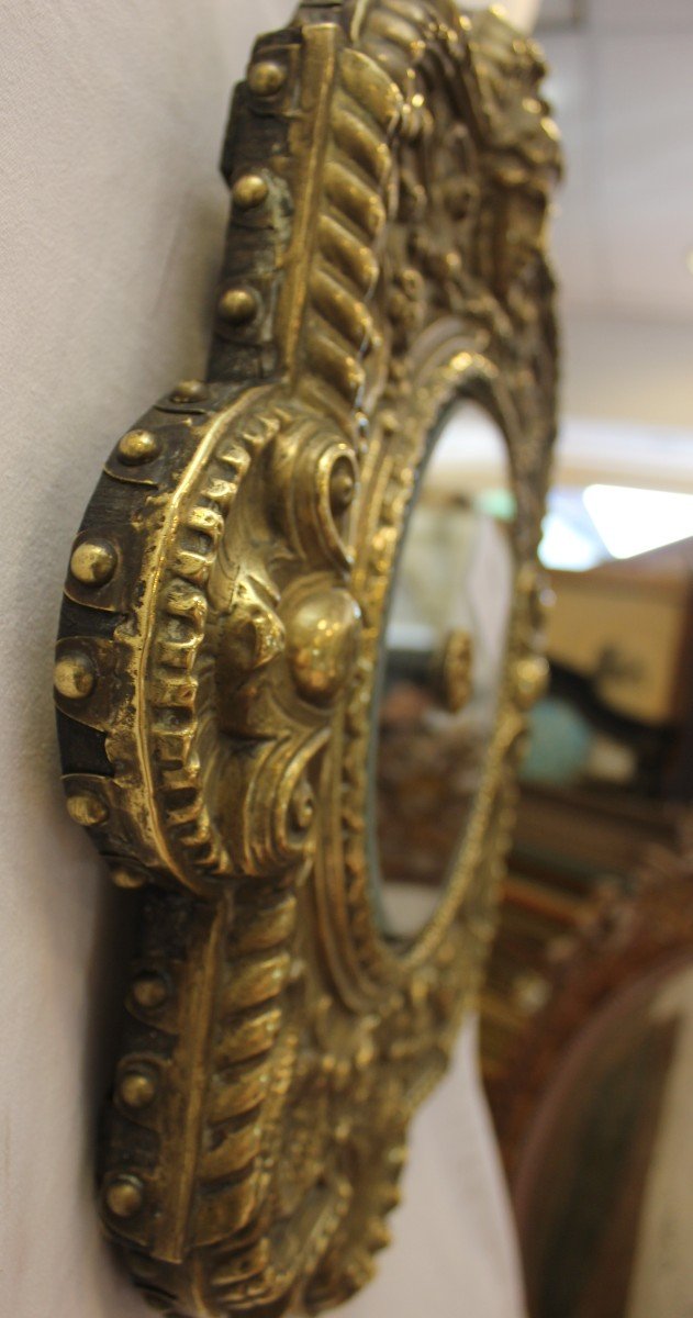 Miroir Ancien Rond, Métal Repoussé , Mercure, Allégorie Au Roi Soleil, Dauphins, 45 X 50 Cm-photo-5