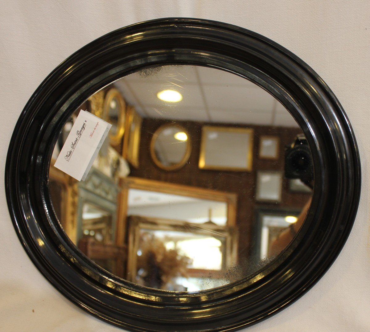 Napoleon III Mirror, Oval Blackened Lacquered Wood, Mercury Glass 34 X 39 Cm-photo-2