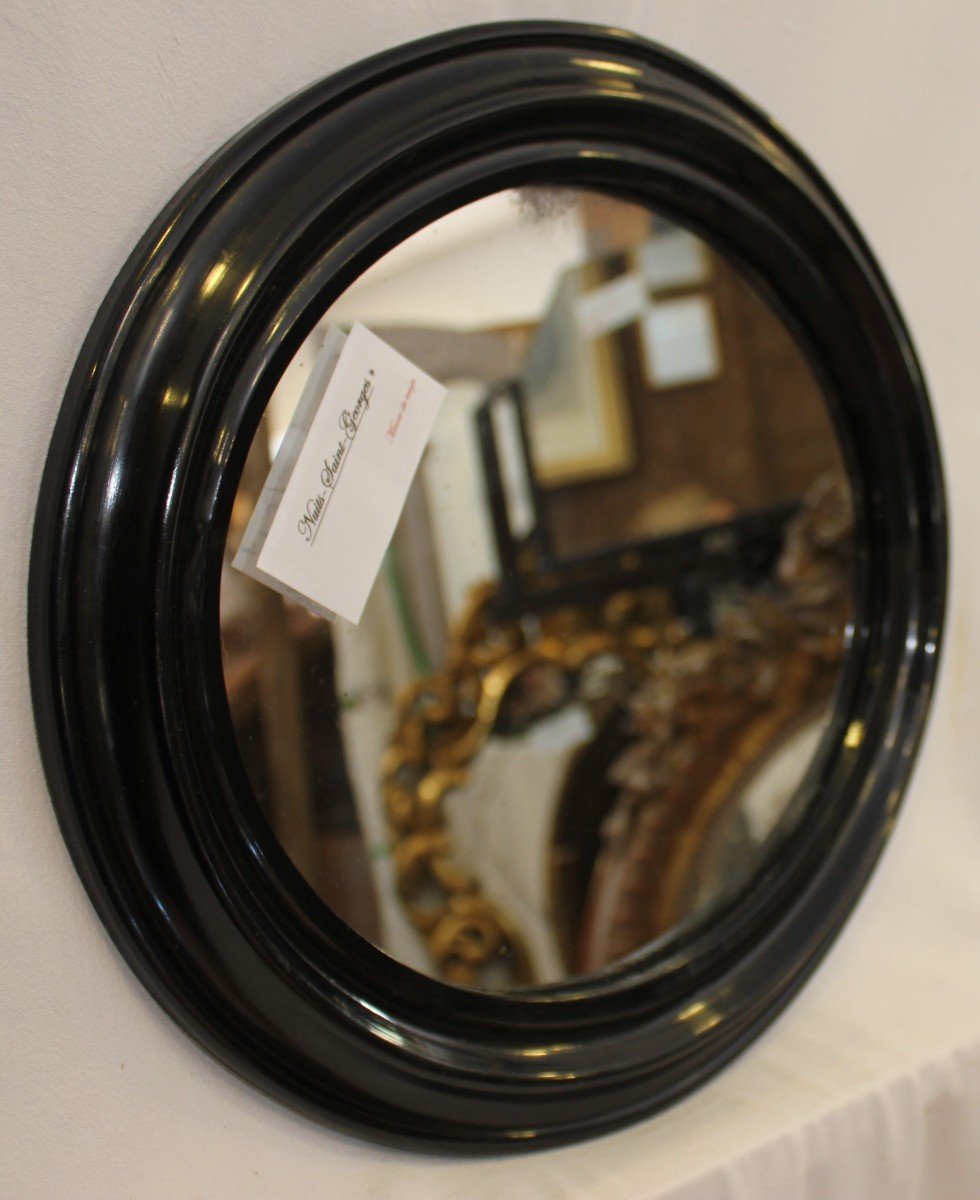 Napoleon III Mirror, Oval Blackened Lacquered Wood, Mercury Glass 34 X 39 Cm-photo-3