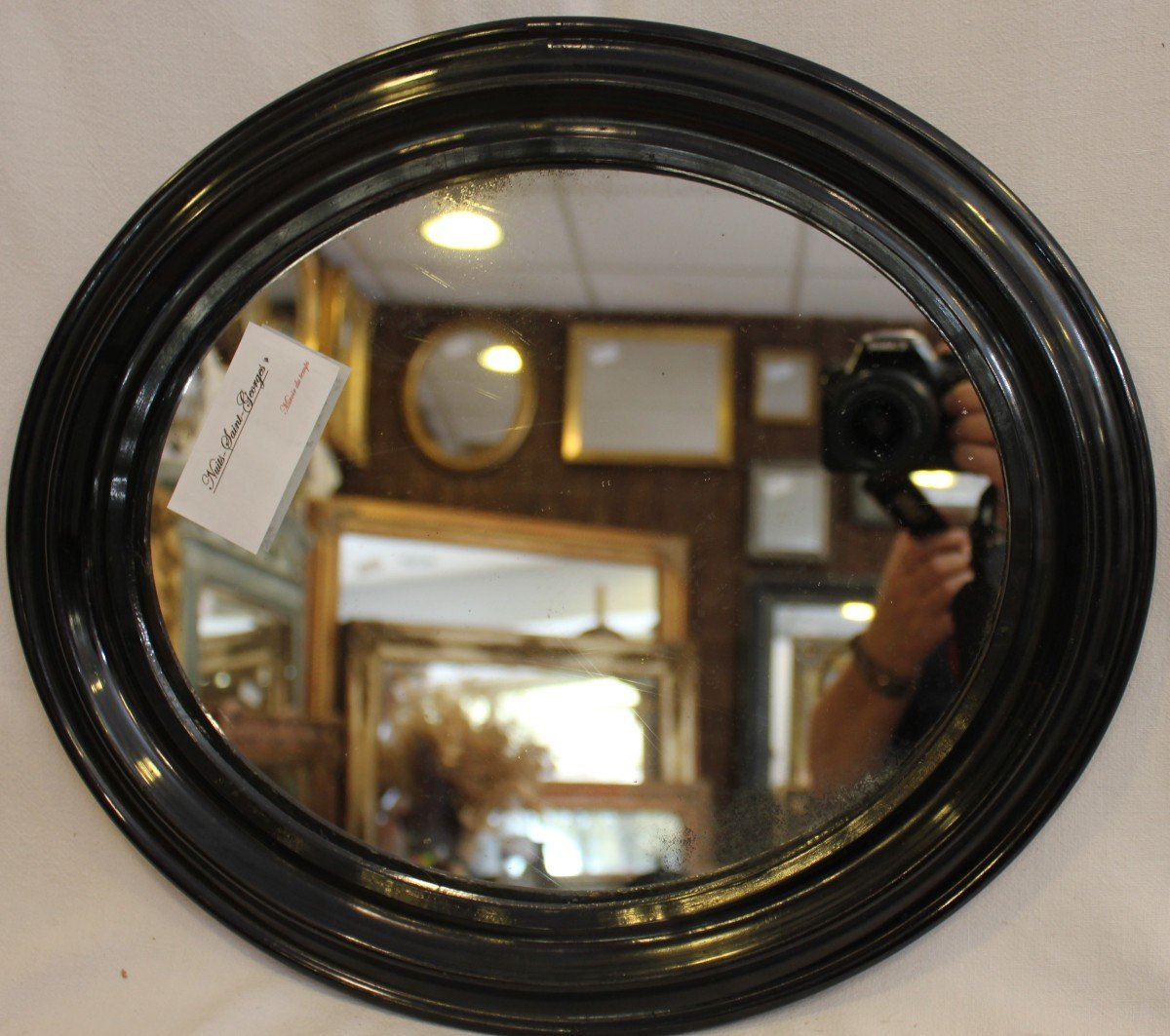 Napoleon III Mirror, Oval Blackened Lacquered Wood, Mercury Glass 34 X 39 Cm