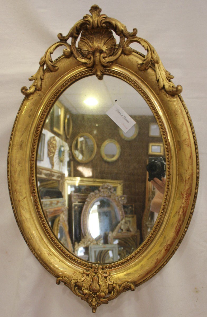 Napoleon III Oval Mirror, Louis XV Style, Shell, Gold Leaf 50 X70 Cm