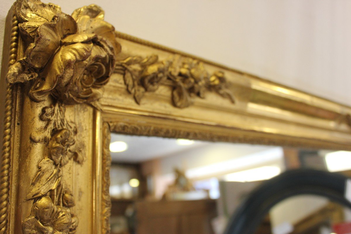 Grand Miroir Ancien Rectangle Feuille d'Or, Décor De Roses, Glace Mercure 85 X 116 Cm-photo-4