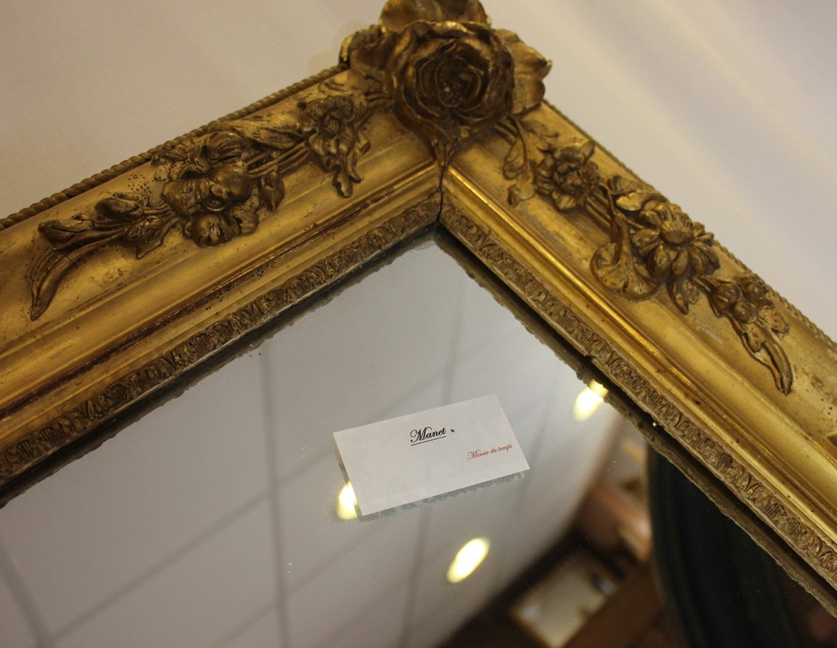 Grand Miroir Ancien Rectangle Feuille d'Or, Décor De Roses, Glace Mercure 85 X 116 Cm-photo-2