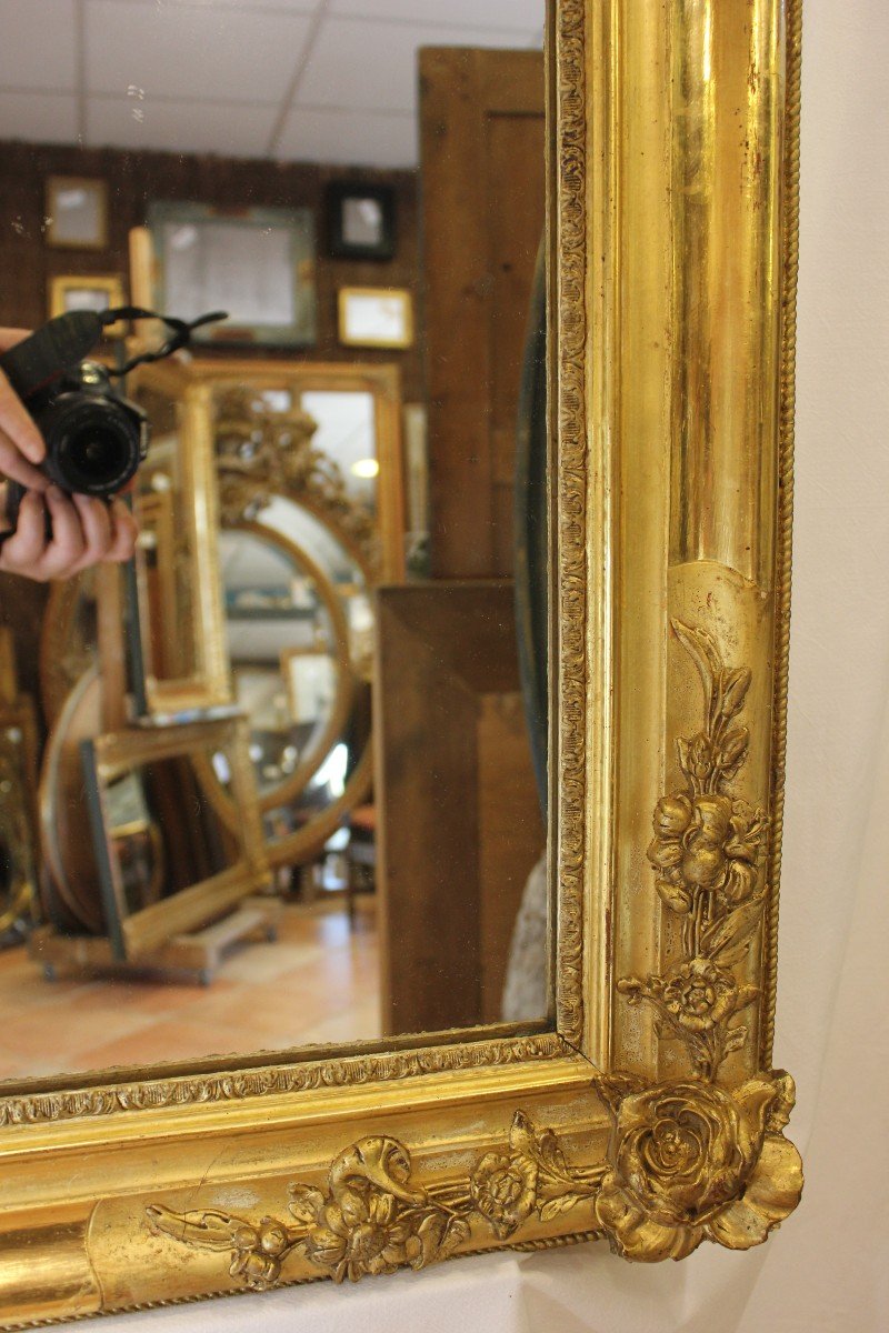 Grand Miroir Ancien Rectangle Feuille d'Or, Décor De Roses, Glace Mercure 85 X 116 Cm-photo-5