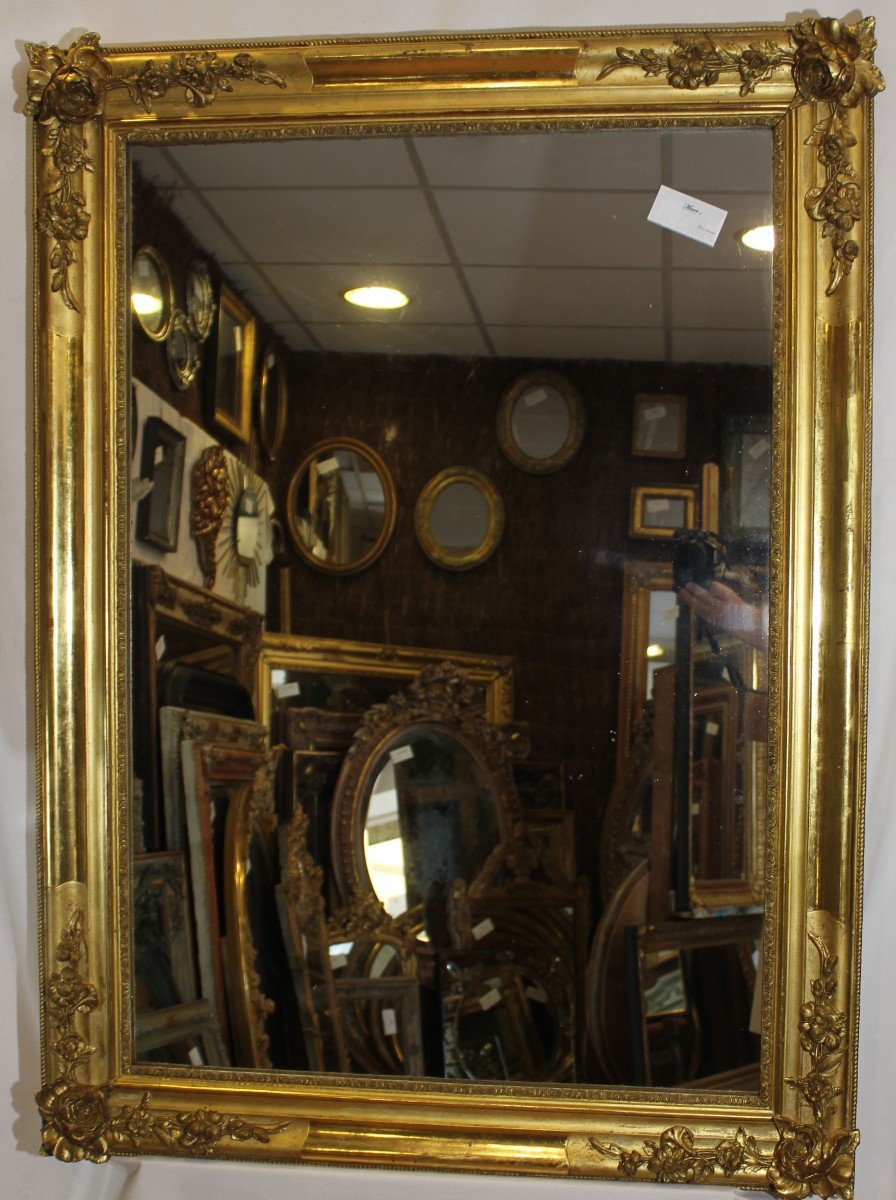 Grand Miroir Ancien Rectangle Feuille d'Or, Décor De Roses, Glace Mercure 85 X 116 Cm