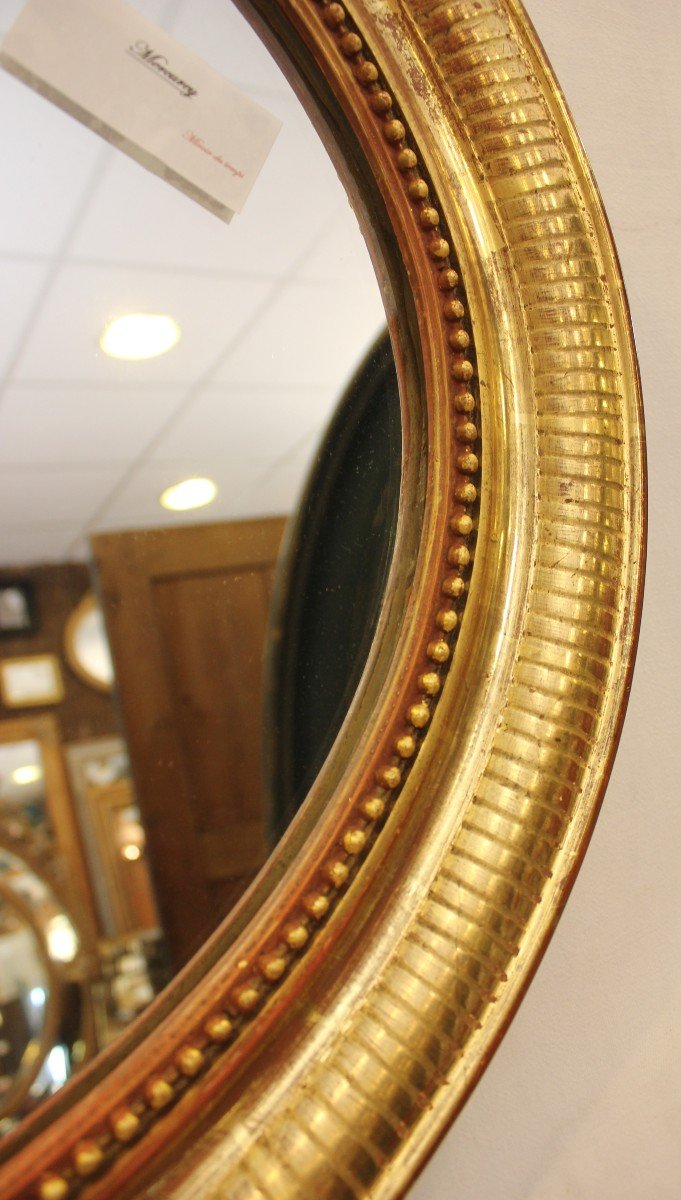Oval Louis Philippe Beaded Mirror, Original Patinated Gold Leaf 55 X 65 Cm-photo-1