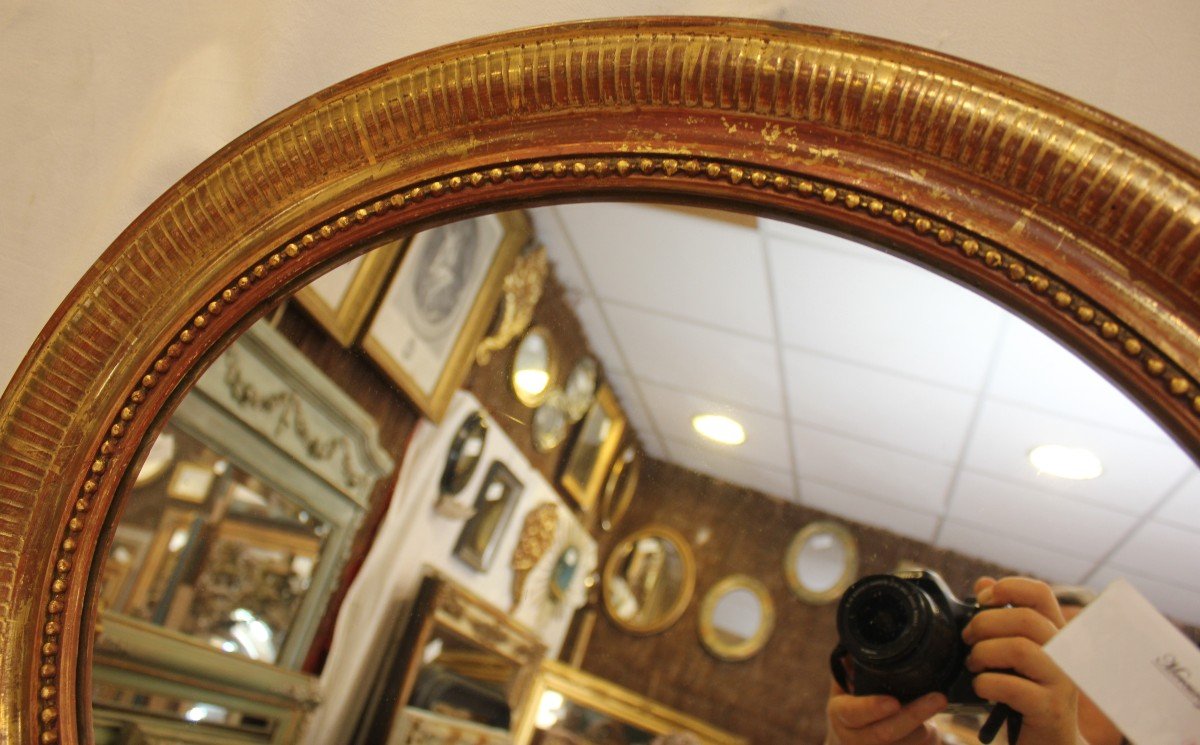 Oval Louis Philippe Beaded Mirror, Original Patinated Gold Leaf 55 X 65 Cm-photo-4