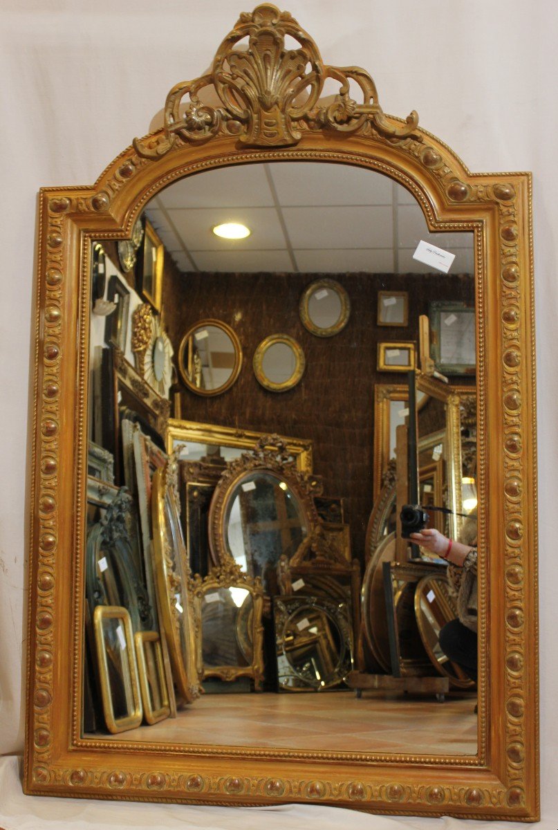 Grand Miroir Ancien De Cheminée,  Patine Et Coquille 96 X 148 Cm