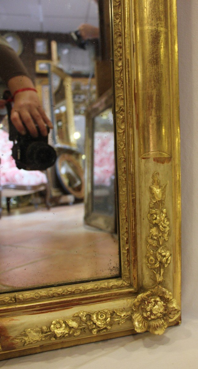 Grand Miroir De Cheminée, Décors De Fleurs, Feuille d'Or, Glace Mercure 84 X139 Cm-photo-4