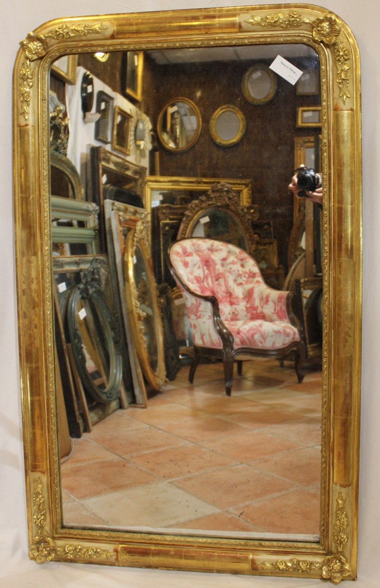 Grand Miroir De Cheminée, Décors De Fleurs, Feuille d'Or, Glace Mercure 84 X139 Cm