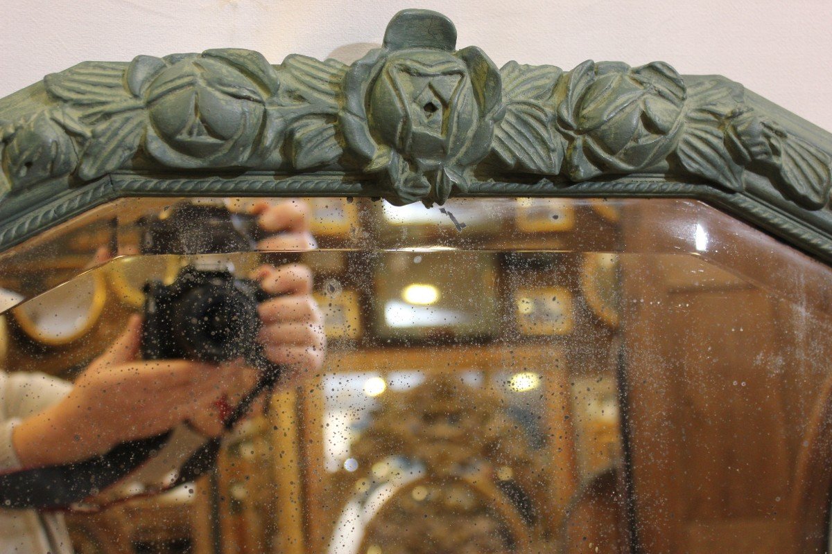Antique Mirror, Art-deco Hanging, Beveled Glass, Green Tone Patina 61 X 82 Cm-photo-2