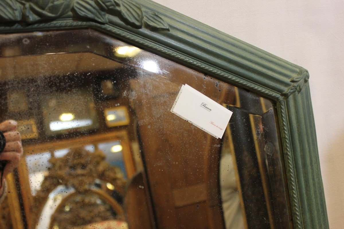 Antique Mirror, Art-deco Hanging, Beveled Glass, Green Tone Patina 61 X 82 Cm-photo-3