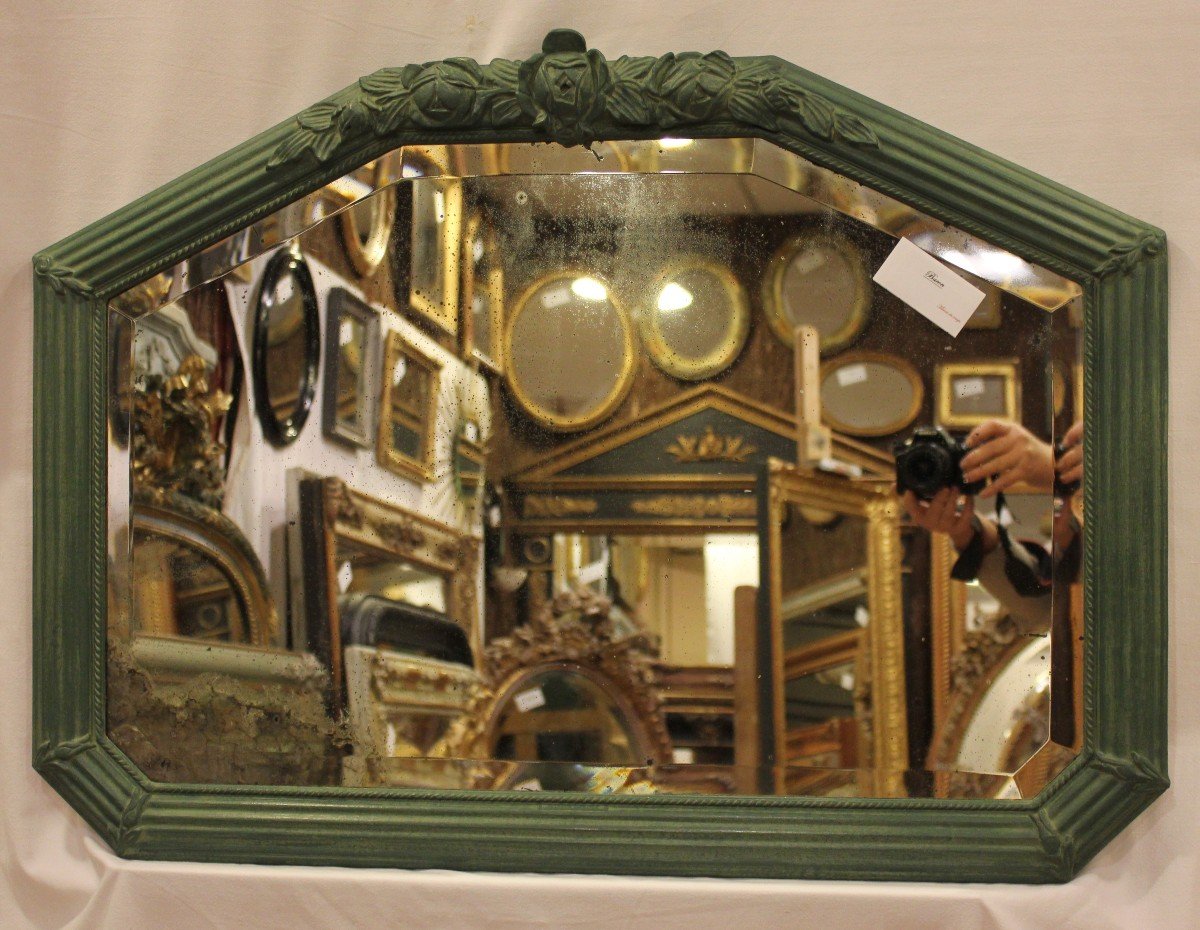 Antique Mirror, Art-deco Hanging, Beveled Glass, Green Tone Patina 61 X 82 Cm-photo-1