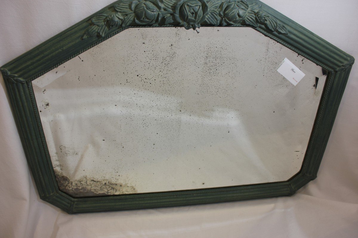 Antique Mirror, Art-deco Hanging, Beveled Glass, Green Tone Patina 61 X 82 Cm-photo-5