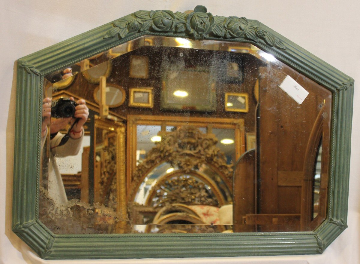 Antique Mirror, Art-deco Hanging, Beveled Glass, Green Tone Patina 61 X 82 Cm