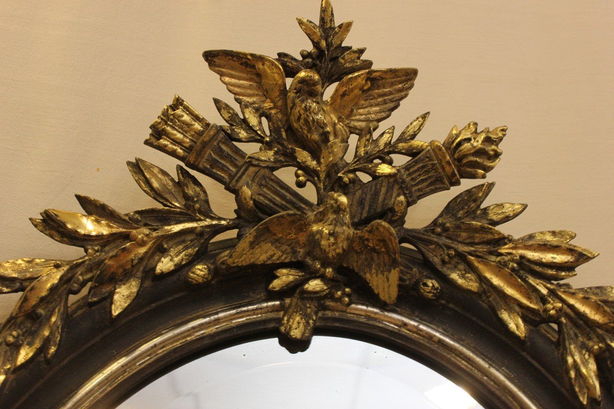 Miroir Ovale De Mariage, Couple d'Oiseaux, Feuille d'Or Et Patine, Glace Biseautée 65 X 109 Cm-photo-4