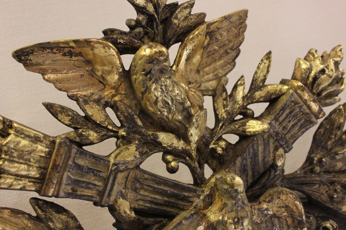 Miroir Ovale De Mariage, Couple d'Oiseaux, Feuille d'Or Et Patine, Glace Biseautée 65 X 109 Cm-photo-5