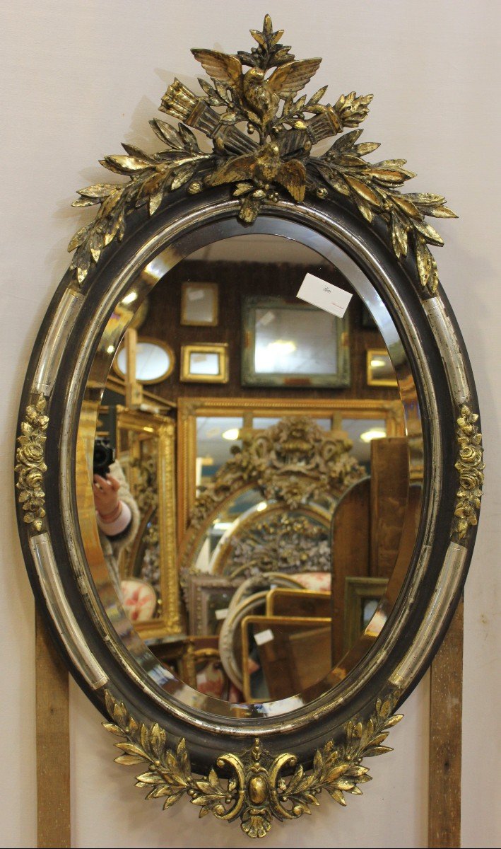 Oval Wedding Mirror, Couple Of Birds, Gold Leaf And Patina, Beveled Glass 65 X 109 Cm-photo-6