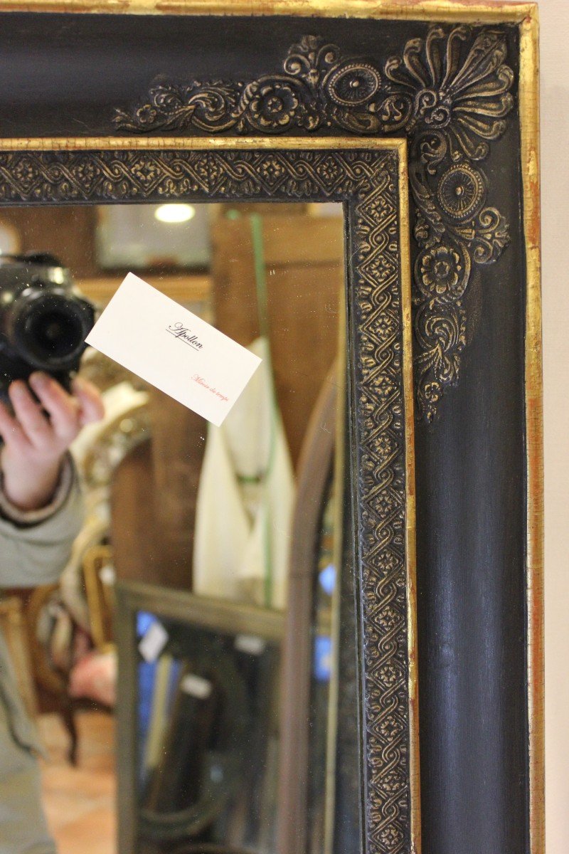 Grand Miroir Ancien De Cheminée, Moulure  Empire, Patine Noir Et Or,  113 X 153 Cm-photo-2