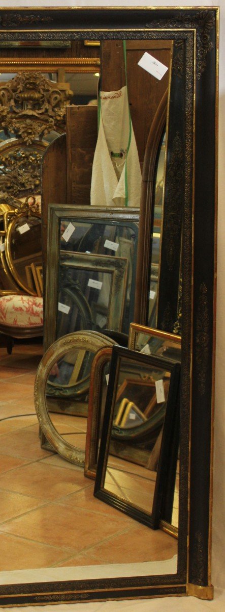Grand Miroir Ancien De Cheminée, Moulure  Empire, Patine Noir Et Or,  113 X 153 Cm-photo-4