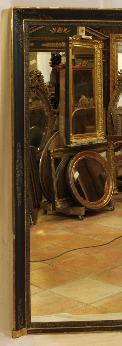 Grand Miroir Ancien De Cheminée, Moulure  Empire, Patine Noir Et Or,  113 X 153 Cm-photo-1