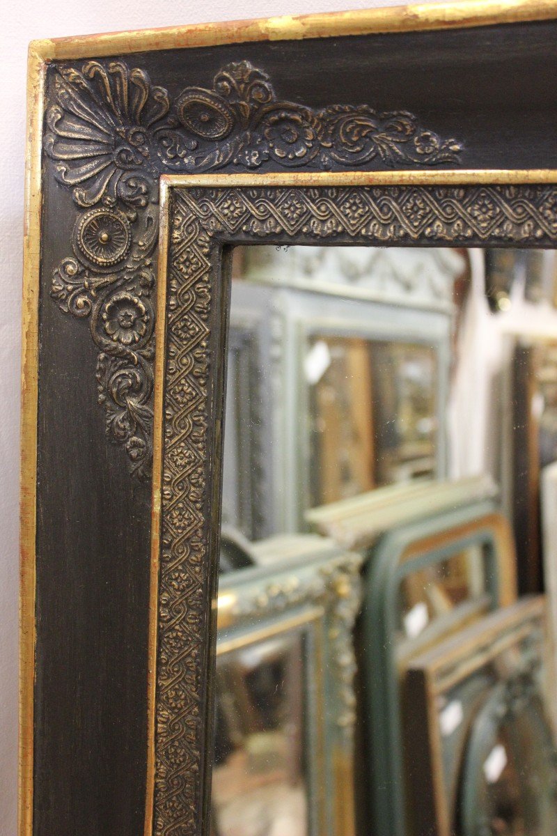 Grand Miroir Ancien De Cheminée, Moulure  Empire, Patine Noir Et Or,  113 X 153 Cm-photo-3
