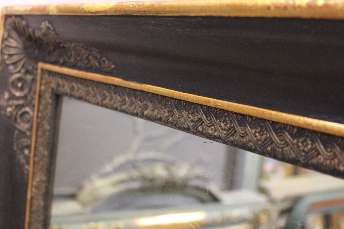 Grand Miroir Ancien De Cheminée, Moulure  Empire, Patine Noir Et Or,  113 X 153 Cm-photo-4