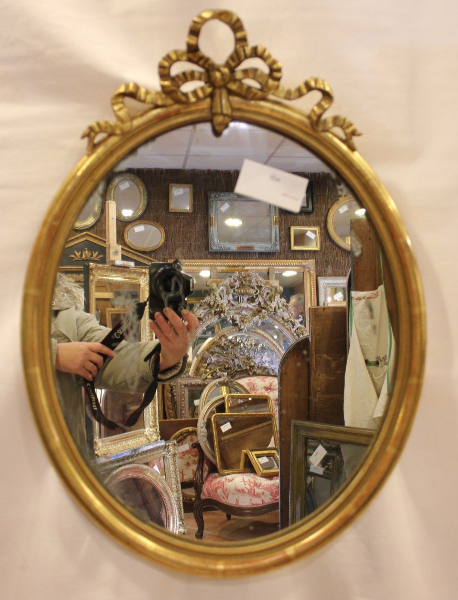 Miroir ovale Bois Doré, Moulure Demi-jonc, Nœud Louis XVI 42 X 58 Cm-photo-2