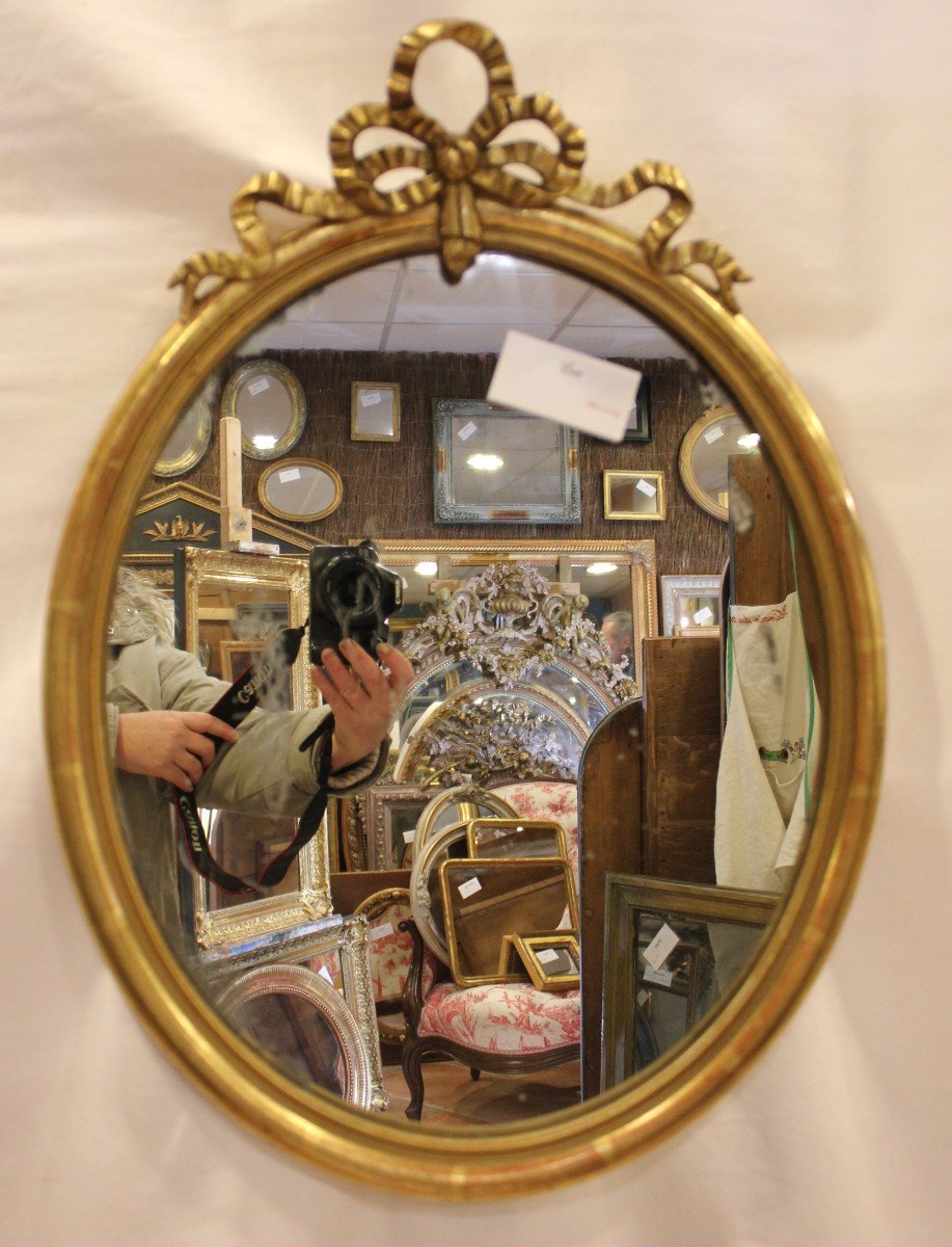 Oval Golden Wood Mirror, Half-rush Molding, Louis XVI Knot 42 X 58 Cm-photo-2