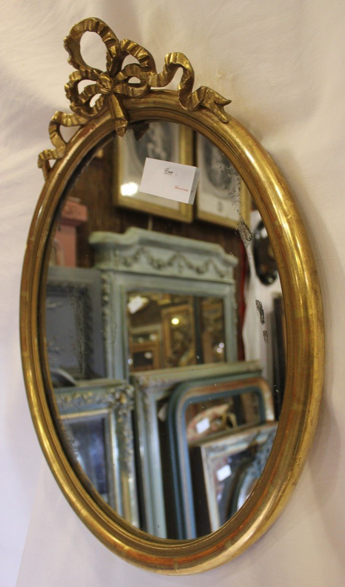 Miroir ovale Bois Doré, Moulure Demi-jonc, Nœud Louis XVI 42 X 58 Cm-photo-1