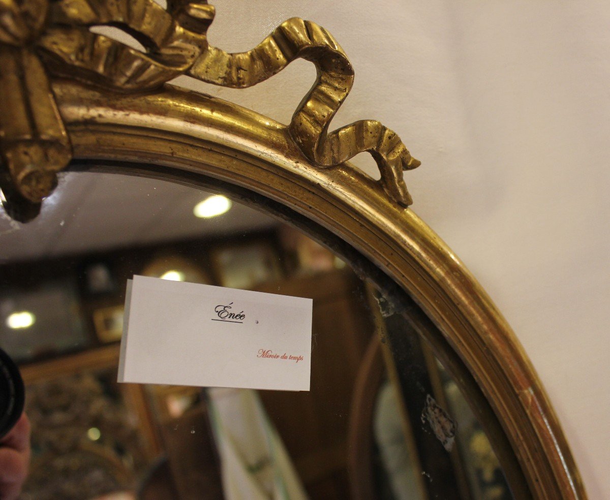 Oval Golden Wood Mirror, Half-rush Molding, Louis XVI Knot 42 X 58 Cm-photo-3