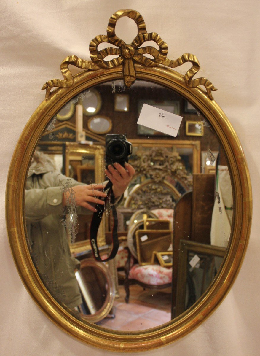 Oval Golden Wood Mirror, Half-rush Molding, Louis XVI Knot 42 X 58 Cm