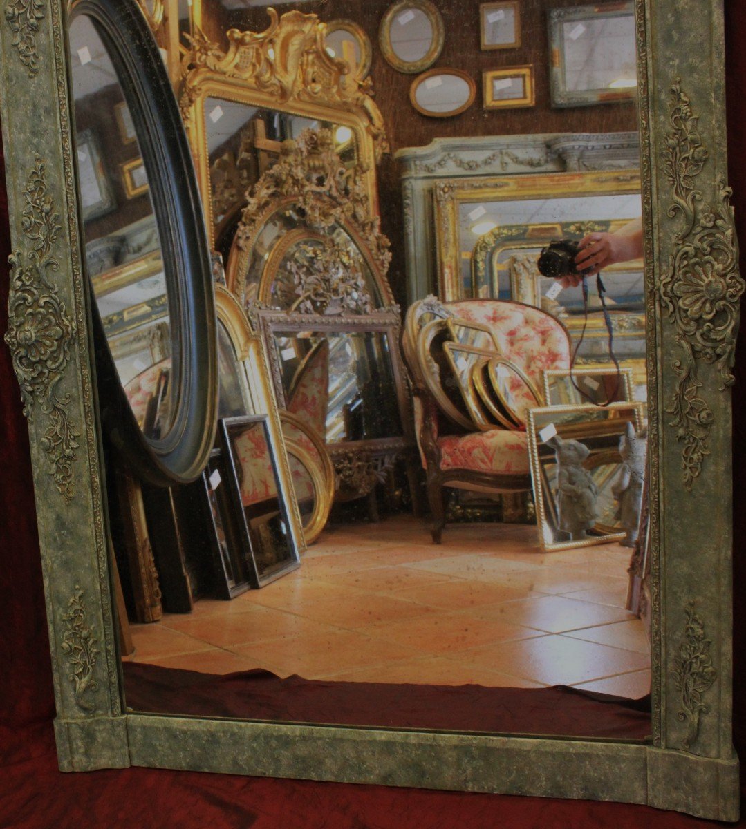 100 x 140 cm, Miroir De Cheminée Ancien à décors floraux,  patine, glace mercure-photo-4