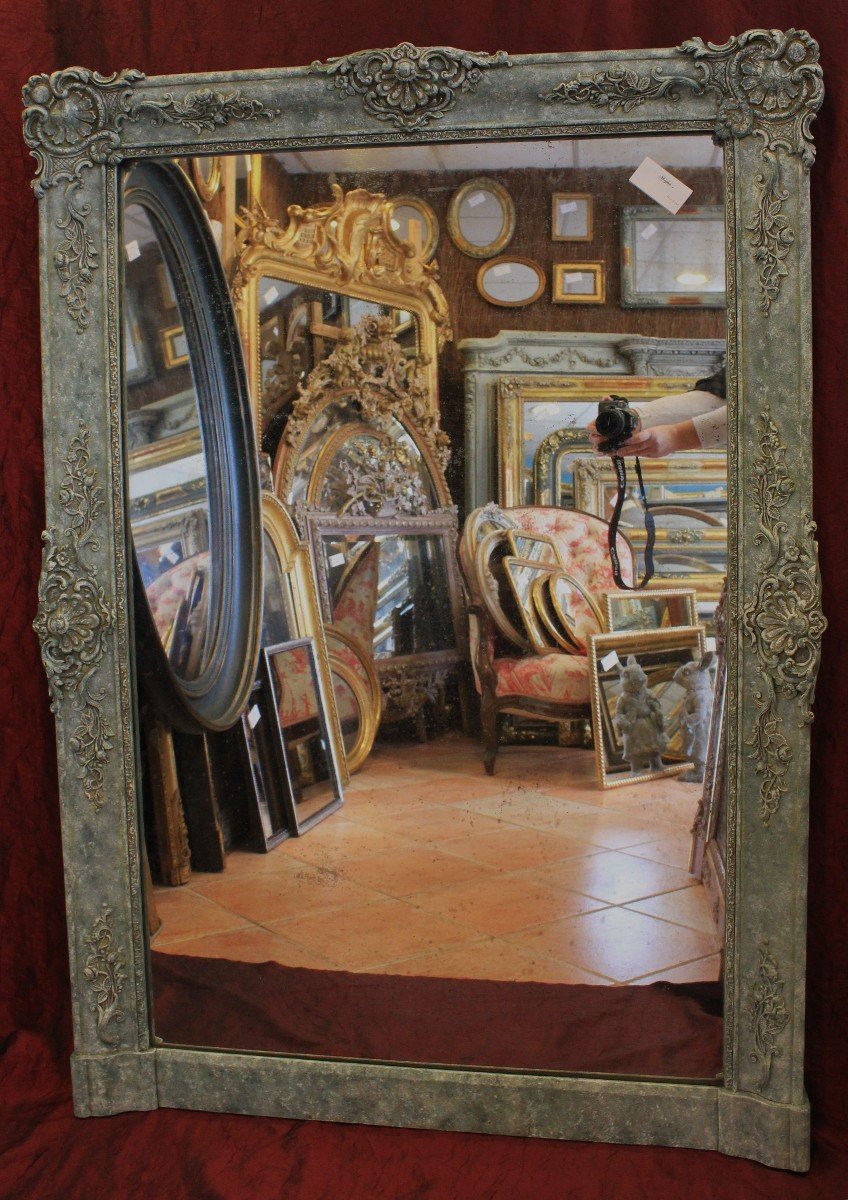 100 x 140 cm, Miroir De Cheminée Ancien à décors floraux,  patine, glace mercure