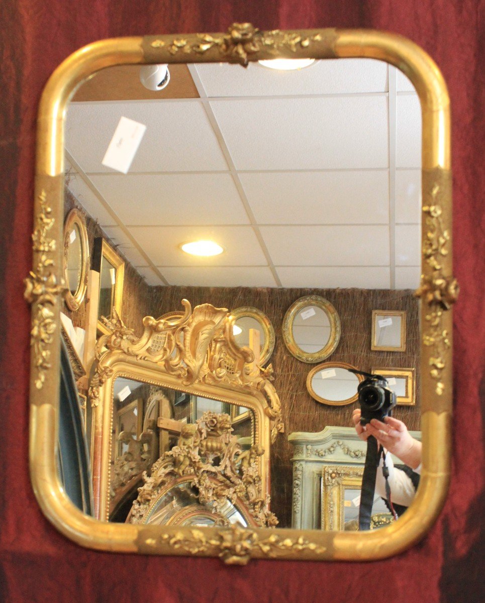 Miroir ancien Rectangle Aux 4 Angles Arrondis, Feuille d'Or, Décors Roses 59 X 73 Cm-photo-4