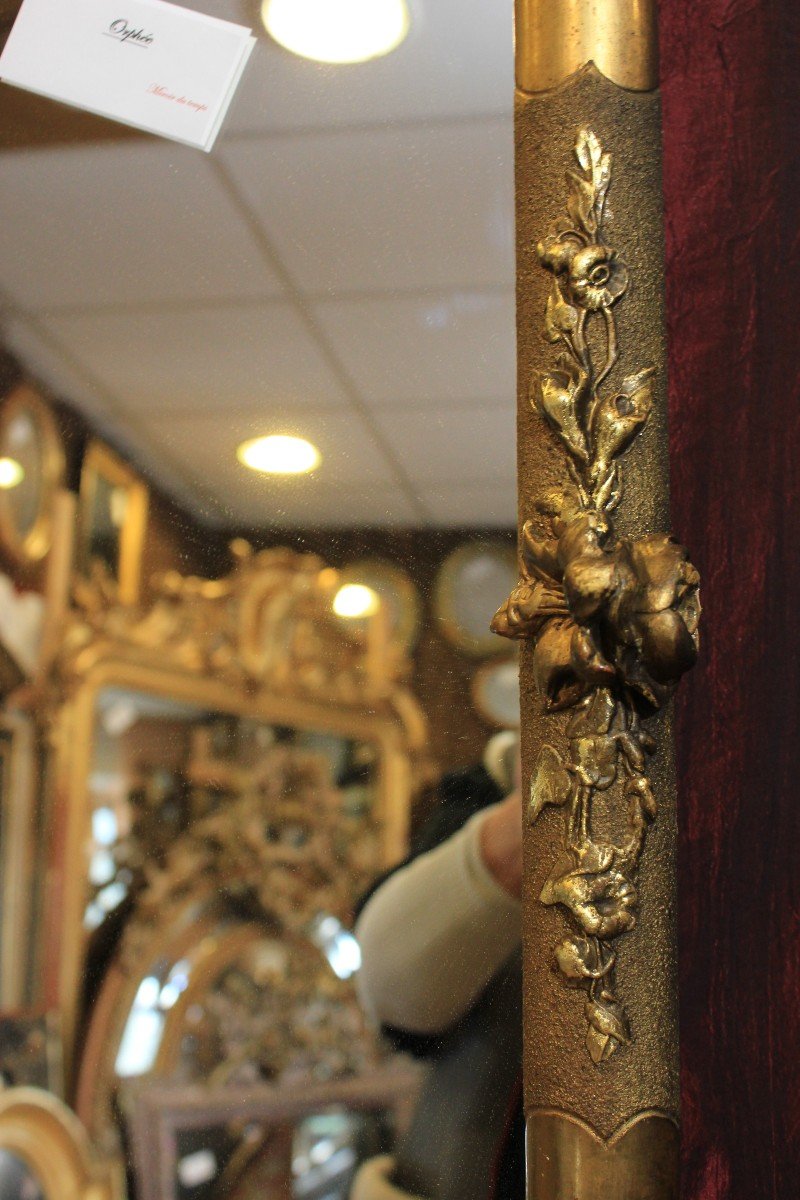Miroir ancien Rectangle Aux 4 Angles Arrondis, Feuille d'Or, Décors Roses 59 X 73 Cm-photo-2