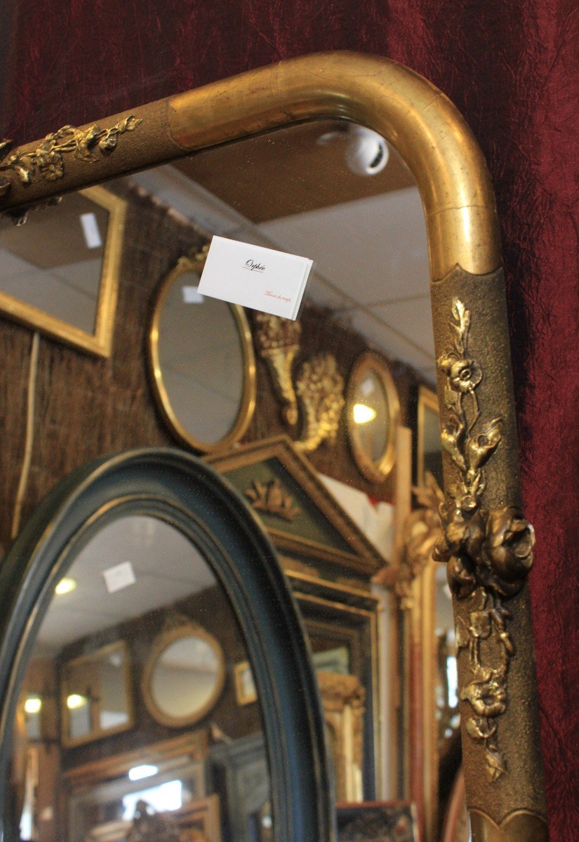 Miroir ancien Rectangle Aux 4 Angles Arrondis, Feuille d'Or, Décors Roses 59 X 73 Cm-photo-3