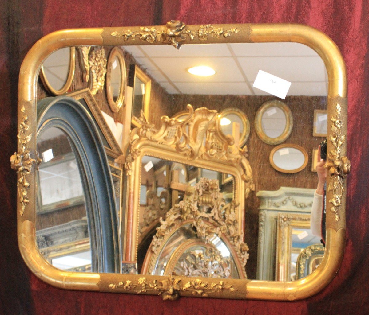 Miroir ancien Rectangle Aux 4 Angles Arrondis, Feuille d'Or, Décors Roses 59 X 73 Cm