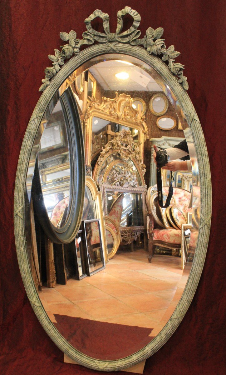 Grand Miroir Ovale Nœud Louis XVI, Glace Biseautée 77 X 141 Cm