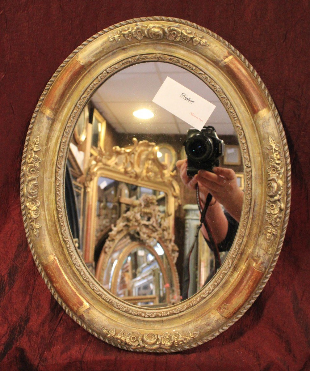 Oval Medallion Mirror, Gold Leaves And Patina 34 X 43 Cm