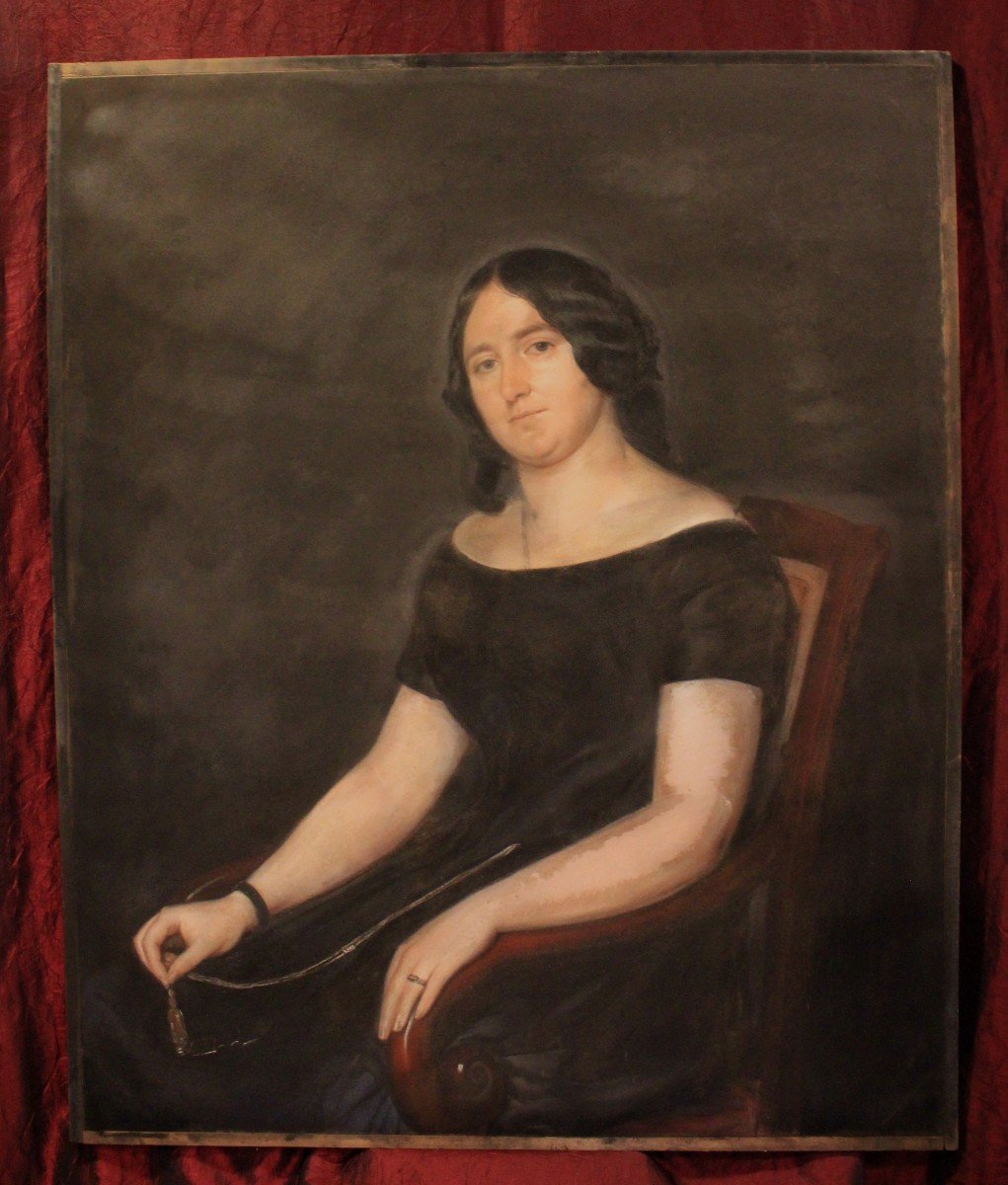Large Charcoal And Pastel Portrait 19th Century 87 X 106 Cm