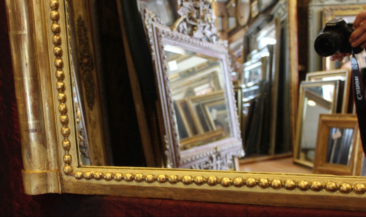 Miroir De Cheminée Ancien Louis Philippe Perlé,  Doré Feuille d'Or, 108 X 138 Cm-photo-1